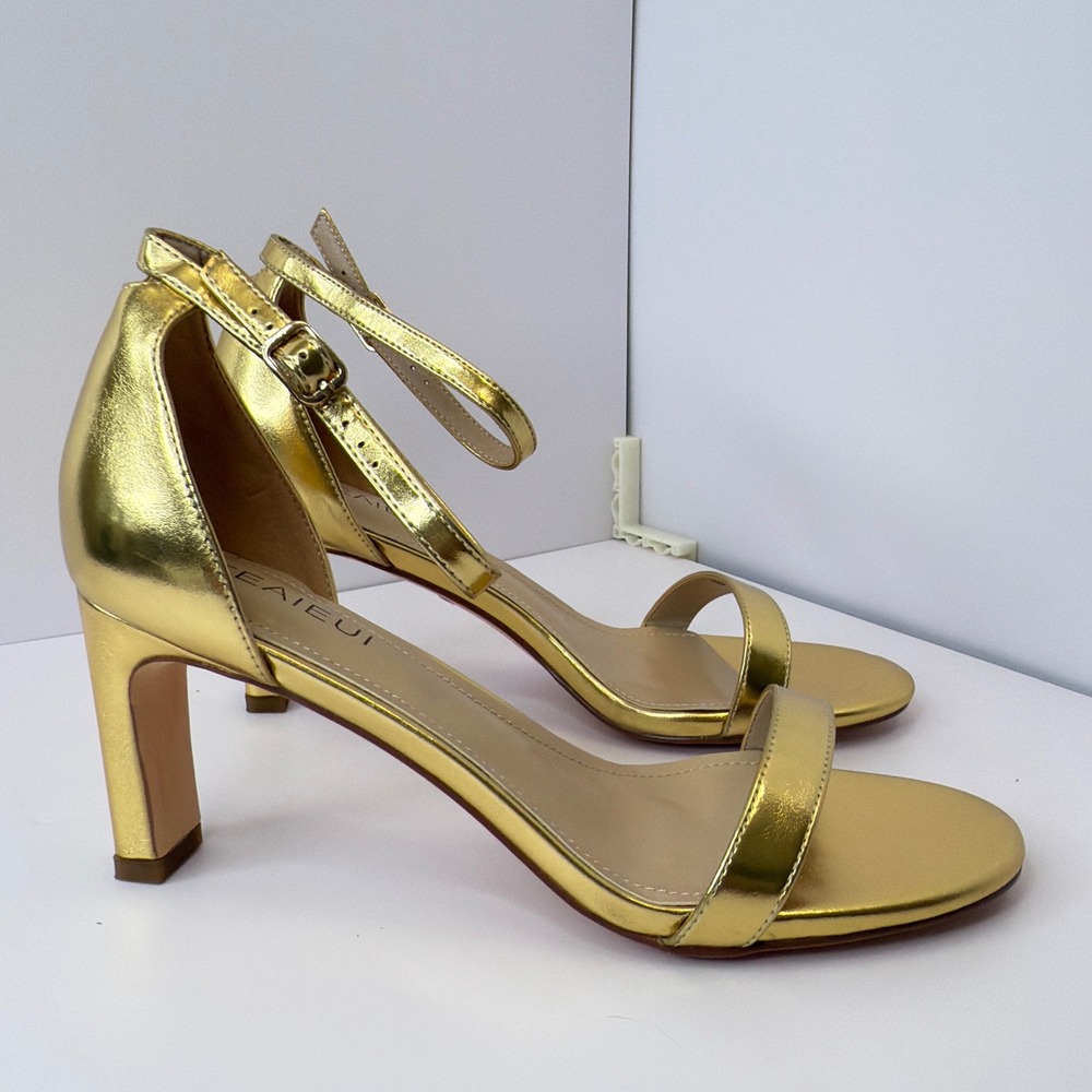 TEAIEUI Womens Gold Metallic Block Heel Ankle Strap Sandals Open Toe Size 9.5